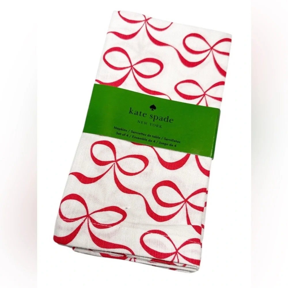 Kate Spade white and Red Bow set of 4 table dining cloth Napkins 100% Cotton
